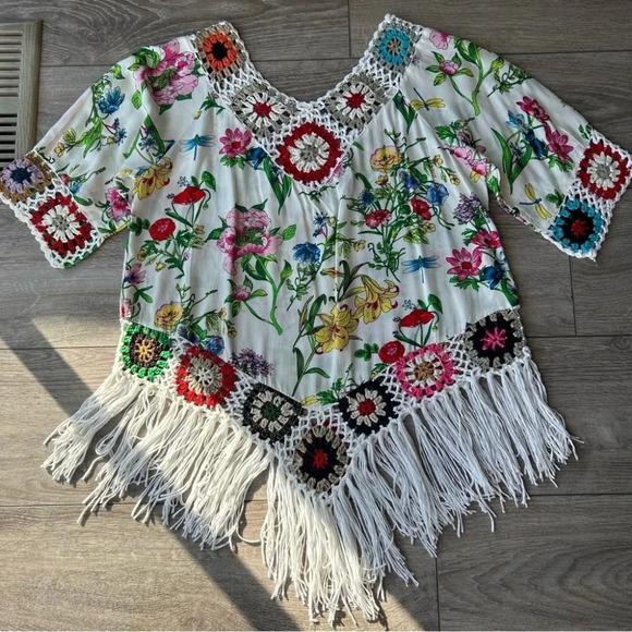 V Neck Kaftan Ruffle Sleeve Crochet Trim Bohemian Top With Fringe - Picture 4 of 13